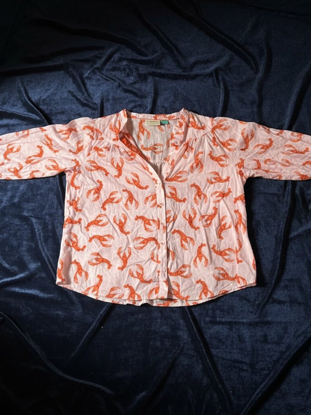 Anthropologie Maeve Lobster Print Blouse 1X Coastal Button Down collarless - Picture 7 of 8